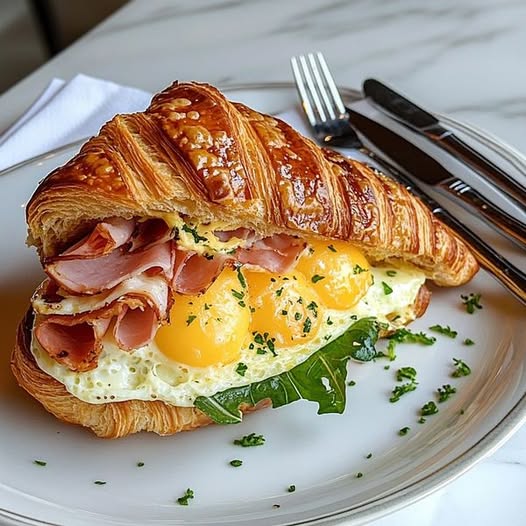 "Kanapka Śniadaniowa z Croissantem: Pyszny Początek Dnia w Flaky, Słoności"